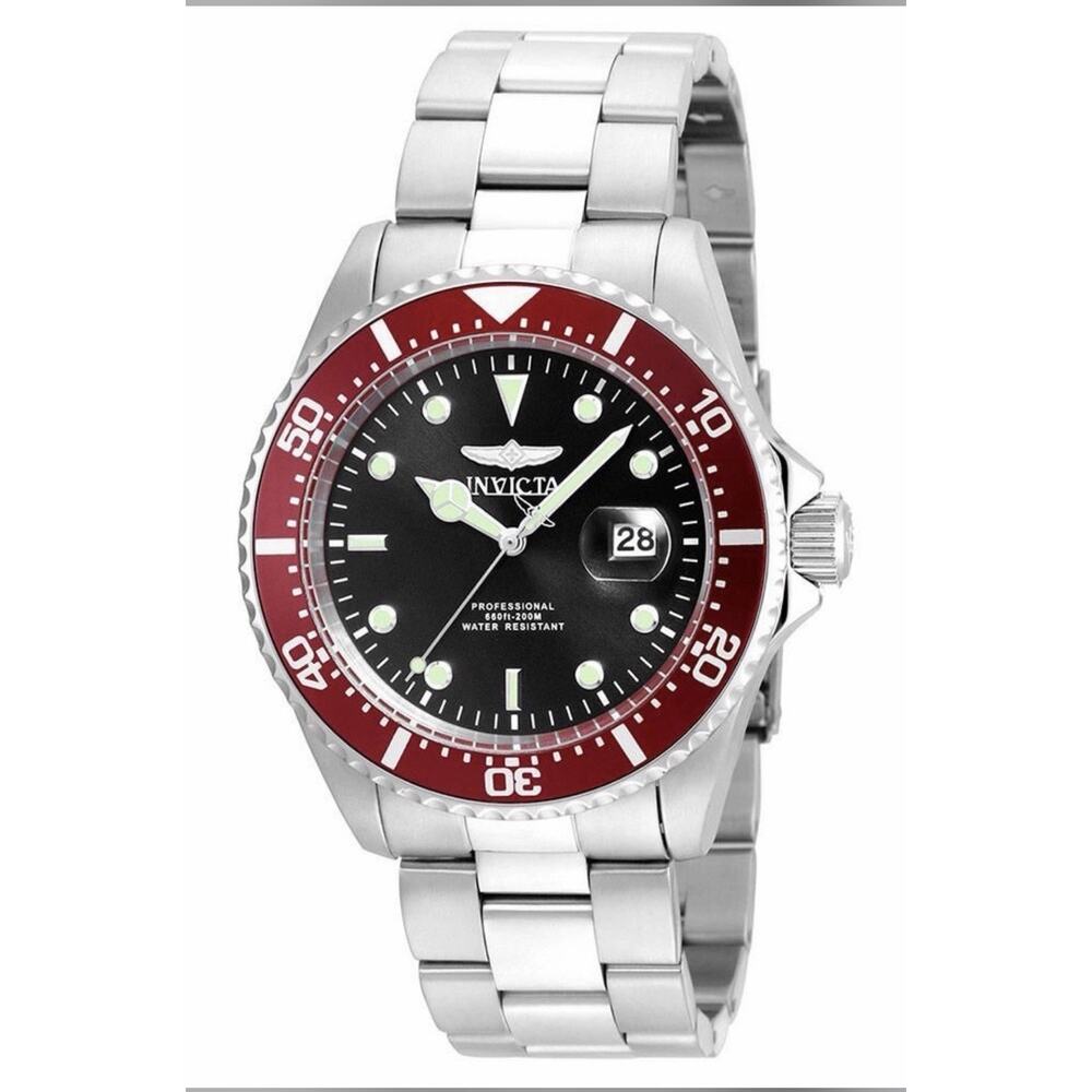 Invicta Men's Pro Diver 43mm SS Quartz Watch, Red Bezel Black Dial 22020